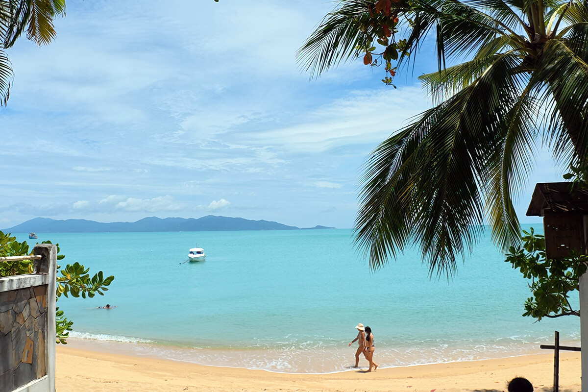 Couple walking along the shoreline framed by coconut palm fronds and turquoise sea at Maenam Beach, Koh Samui