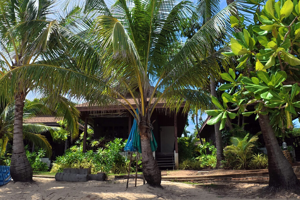 Traditional wooden holiday bungalow shaded by coconut palms steps away from the sand at Maenam Beach Resort
